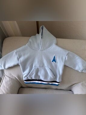 Light Blue Kids Hoodie with Striped Hem